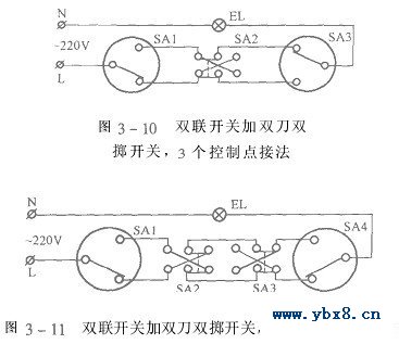 多处控制一盏灯双联开关的几种接法