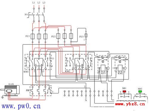 具有电动机启动熔断器保护的单方向电路接线图