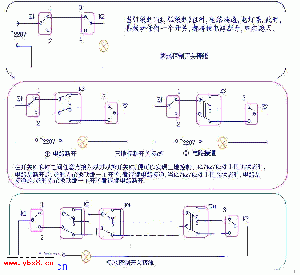 一灯双控、一灯三控、一灯多控电路图