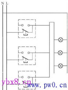 三联开关接线图三个开关控制一个灯