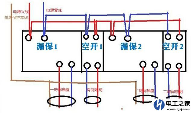 漏电开关上面跳线到空气开关不经过漏保合上空开导致漏电开关跳闸