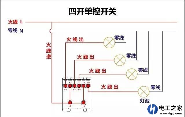 墙上装四个灯一灯一开关怎么走线