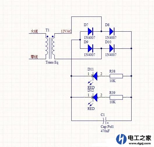 变压器将市电220V变换成交流12V电路图