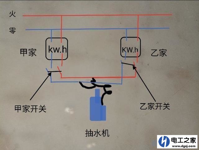 两家共用一台抽水机的控制方法及接线图