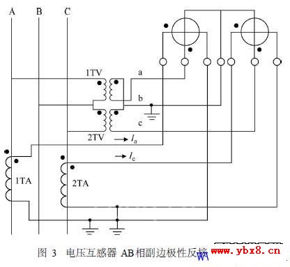 电压互感器AB相副边极性反接的接线图